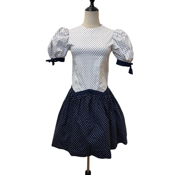 Mille Feuilles Dresses & Skirts - Vtg 80s Mille- Feuille Dress Polka Dot Full Skirt Puff‎ Sleeve Sz Xs Party Retro
